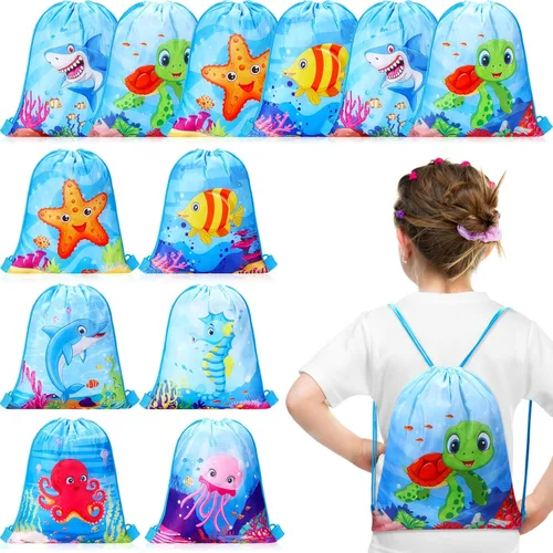 Paterr Paquete de 12 bolsas de mochila con cordón para fiesta de animales del océano, bolsas de regalo de fiesta bajo el mar, bolsas de golosinas