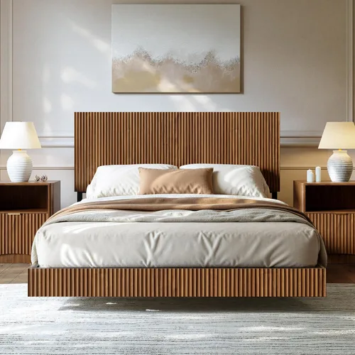 Miniatura 8 de Evermagin Base de cama flotante de tamaño matrimonial con cabecero, cama de plataforma acanalada bohemia con luces LED, marco de cama flotante