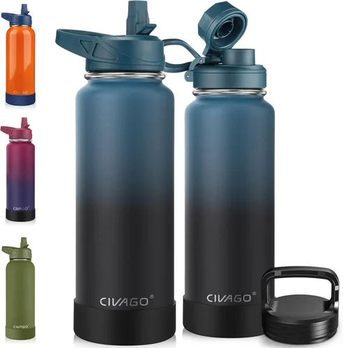 Miniatura 53 de CIVAGO Botella de agua aislada de 22 onzas con pajita, frasco de agua deportiva de acero inoxidable con 3 tapas