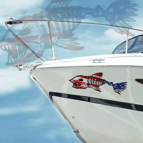 Miniatura 5 de Calcomanías de pez esqueleto de barco de tamaño grande de 15 pulgadas de ancho x 38 pulgadas de largo, calcomanía de pesca con bandera de Estados