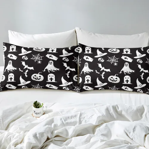 Miniatura 4 de Erosebridal Juego de sábanas góticas en blanco y negro para decoración de lápidas de Halloween, calabaza, farol, sábana de bruja, sombrero de bruja