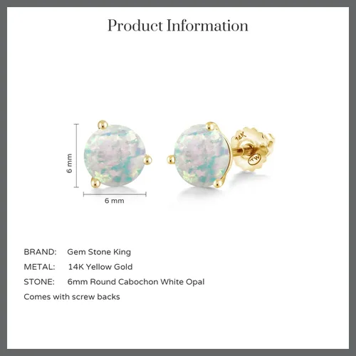 Miniatura 6 de Gem Stone King Aretes de tuerca con rosca de Martini de 3 puntas oro amarillo de 14 quilates color blanco ópalo simulado para mujer 150