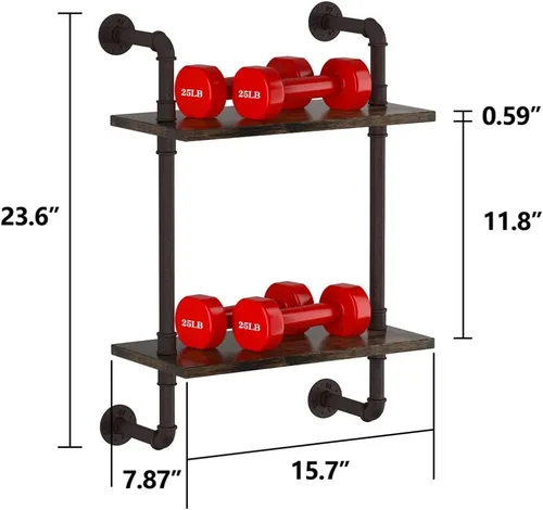 Miniatura 3 de Helsin - Estantes flotantes de tubería industrial de 2 niveles para baño, estante de madera rústica de 16 pulgadas montado en la pared, estante