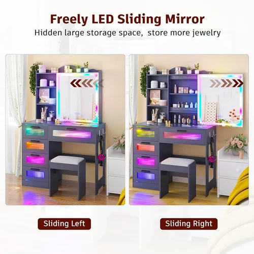 Miniatura 6 de Escritorio de tocador con espejo y luces, escritorio de maquillaje LED RGB con estación de carga, juego de tocador con taburetes y espejo táctil