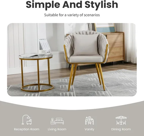 Miniatura 4 de BOSMILLER Sillas de comedor tejidas, modernas sillas de comedor con patas antideslizantes de metal dorado, respaldo alto curvado, silla de comedor