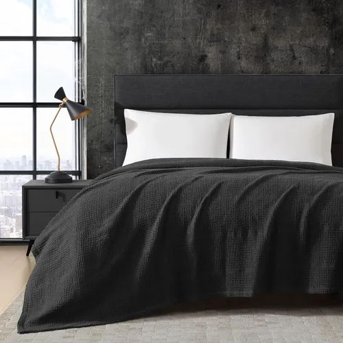 Miniatura 11 de Kenneth Cole - Manta tamaño King, manta de algodón 100% texturizado de rejilla de gofre para cama o sofá, ligera y transpirable para comodidad Negro