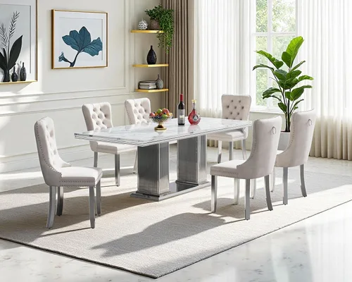 Miniatura 14 de Juego de mesa de comedor de mármol para 4, mesa de cocina rectangular de mármol negro de 68 pulgadas con base en H de acero inoxidable dorado, juego