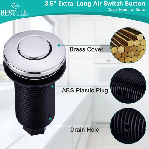 Miniatura 3 de BESTILL Botón de interruptor activado por aire del fregadero con manguera de aire de 5 pies para eliminación de basura, botón de cromo pulido de 3.6