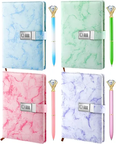 Miniatura 9 de Zonon Diario con candado para niñas, de piel sintética de mármol, A5, combinación con bolígrafo de diamante, regalos de regreso a clases, Azul