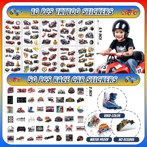 Miniatura 6 de Juego de 120 piezas de regalos de fiesta de coche de carreras con llaveros, pulseras de golpear, pegatinas de tatuajes, pulseras, cajas