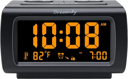 DreamSky - Relojes despertadores de radio para dormitorios con respaldo de batería, números grandes y brillantes con atenuador, puerto USB, radio FM