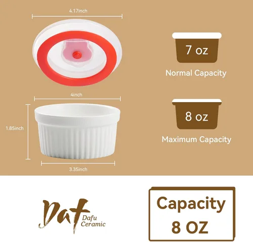 Miniatura 2 de Dafuceramic Ramequines con tapas, de 8 onzas, color blanco, creme Brulee, moldes de cerámica aptos para horno, juego de 6 natillas de porcelana