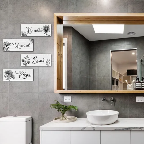 Miniatura 3 de 4 Piezas de Arte de Pared para Baño Decoración Rústica de Casa de Campo Letrero de Relajarse, Remojarse, Desconectar y Respirar Letrero de Madera