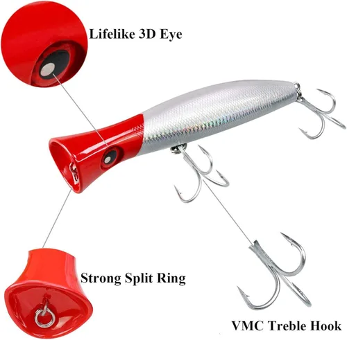 Miniatura 4 de THKFISH Topwater Señuelos de pesca de agua salada GT Popper con 3 ganchos fuertes, pesca de surf, 1 unidad/3 piezas 3 unidades de 3