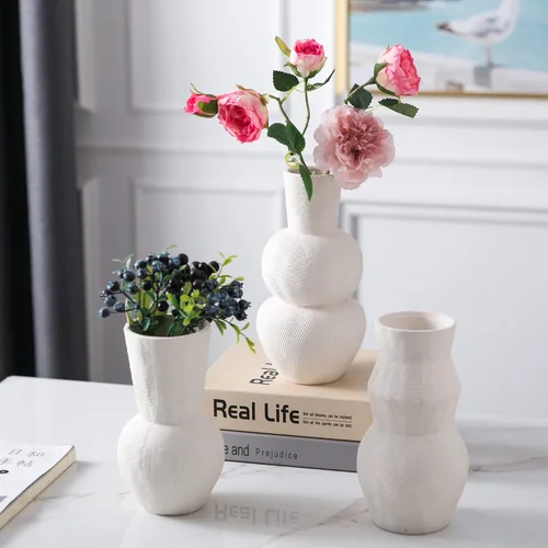 Miniatura 9 de Jarrones de cerámica para flores, juego de 3 jarrones acanalados blanco mate, jarrones decorativos para hierba de las pampas, decoración moderna