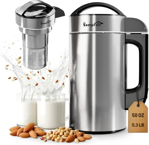 Máquina para hacer leche de almendras de acero inoxidable 304 (filtro integrado) 50 onzas, 6-7 tazas por lote, licuadora de cocina 8 en 1 para hacer