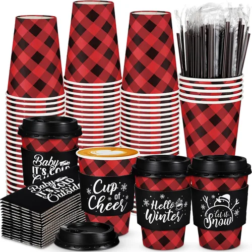 Miniatura 7 de Layhit 100 Piezas Tazas de Café Navideñas de Cuadros Buffalo, Vasos de Papel Navideños Desechables con Tapas, Fundas y Pajitas Removedoras
