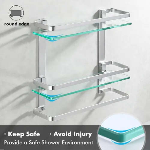 Miniatura 7 de KES Estante de vidrio templado para baño, estante de vidrio de almacenamiento de 2 niveles, rectangular con barra montado en la pared, acabado