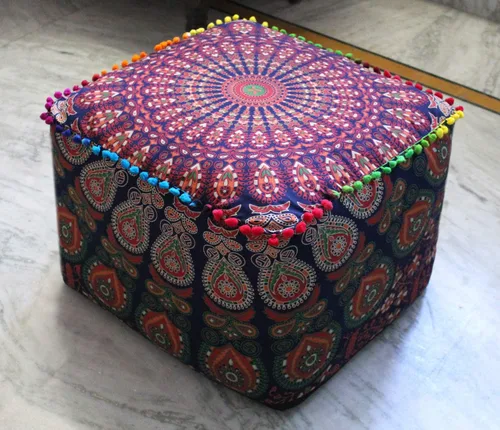 Miniatura 11 de CRAFT KALA Funda de puf tradicional de retazos cuadrados indios, funda para puf de sala de estar india, diseño otomano, decoración otomana, Elefante