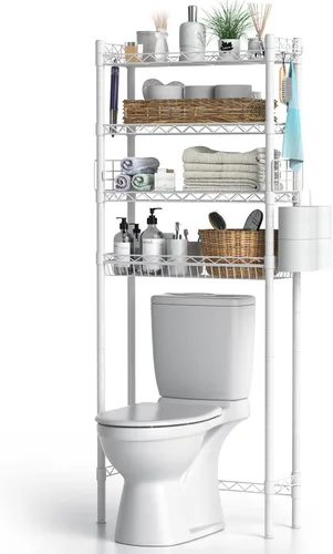 Miniatura 9 de Hodonas Estante de almacenamiento sobre el inodoro, organizador de baño ajustable con soporte para papel higiénico y 8 ganchos, 3 niveles de metal