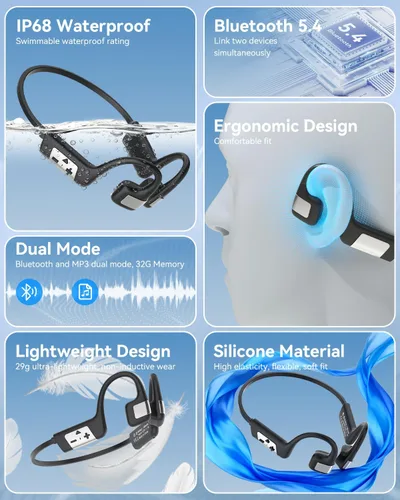 Miniatura 8 de MONODEAL Auriculares de conducción ósea, auriculares de natación, IP68 impermeables Bluetooth 5.4, memoria MP3 de 32 GB integrada, auriculares