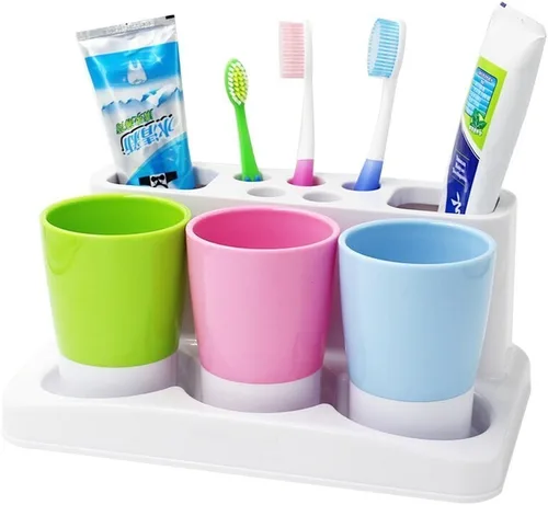 Miniatura 2 de Soporte para cepillo de dientes de 5 agujeros, soporte para pasta de dientes, organizador de baño con 3 tazas de enjuague para conjunto familiar