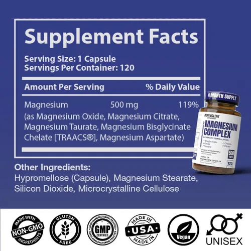 Miniatura 6 de Suplemento de complejo de magnesio, suministro de 4 meses de 500 mg de bisglicinato 5 en 1, óxido, taurato, aspartato, citrato, suplemento