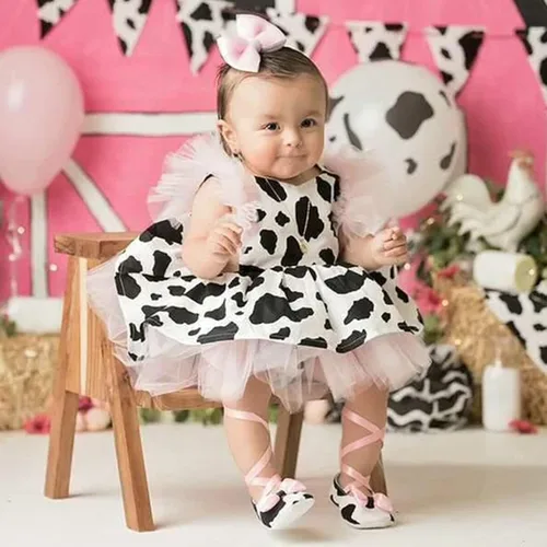 Miniatura 6 de Toddler Girl Fall Dress Baby Girls Romper Dress Infant Cow Print Tulle Clothes Take Home Outfit