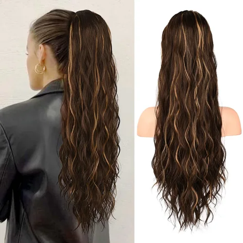 Miniatura 27 de FLUFYMOOZ Extensión de Cola de Caballo, Extensiones de Cabello de Cola de Caballo con Cordón de 26 Pulgadas para Mujeres, Postizo de Cabello
