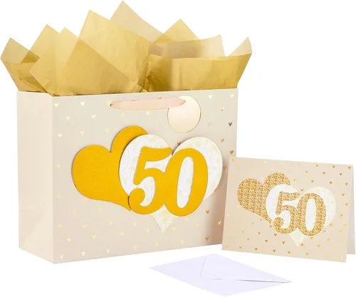 Miniatura 9 de LeZakaa 13" Wedding Anniversary Bag with Tissue Paper, Tag & Greeting Card, Happy Anniversary Gold Glitter Gift Bag for Couple, Parents, Wife