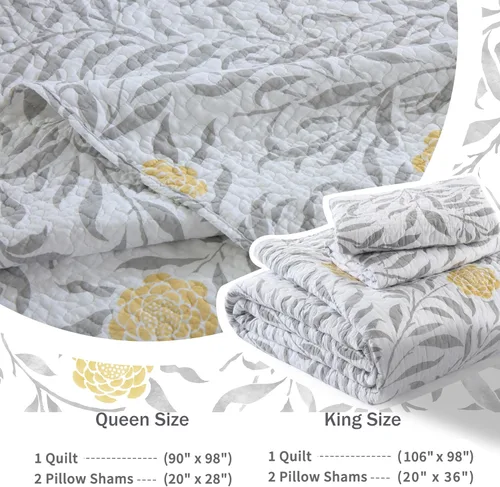 Miniatura 6 de Homzard - Juego de cobija floral Queen, edredones 100% algodón tamaño Queen, colcha amarilla, gris y blanca (90 x 98 pulgadas) con 2 fundas