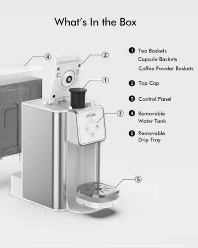 Miniatura 8 de SIFENE Cafetera de goteo 3 en 1 de una sola porción, cafetera compacta compatible con K-Cup/K-Pod para café molido y té, depósito de agua extraíble