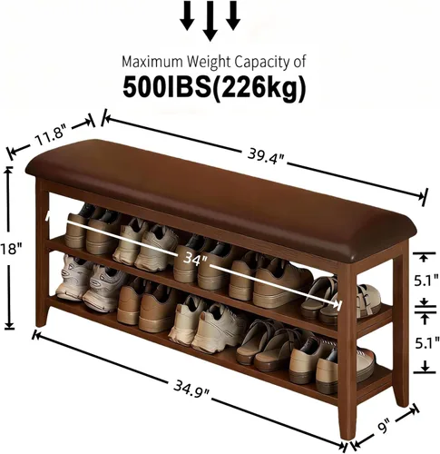Miniatura 2 de Banco de zapatos con cojín de cuero, banco de entrada de madera maciza rústica con 2 estantes ajustables en altura y extraíbles para pasillo, sala