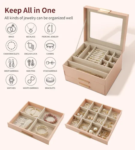 Miniatura 3 de Joyero con parte superior transparente, organizador grande de 3 capas para mujeres, aretes, anillos, collares, organizador de almacenamiento