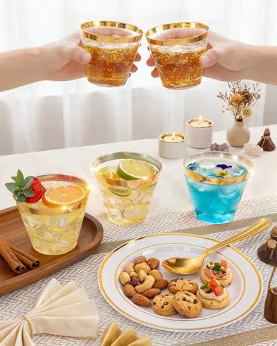 Miniatura 6 de bUCLA Juego de vajilla de plástico dorado desechable de 150 piezas, platos dorados resistentes que incluyen 25 platos de cena y 25 platos de postre