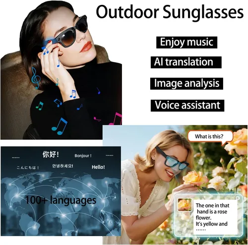 Miniatura 4 de Lentes inteligentes con cámara, gafas de video HD 1080P, gafas de sol de protección UV con traducción AI en tiempo real, audio Bluetooth, sonido