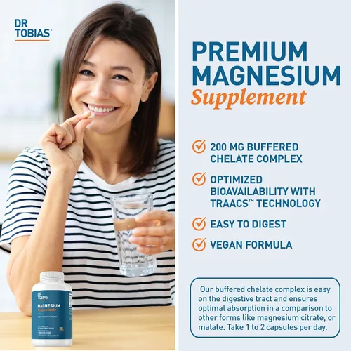 Miniatura 4 de Dr. Tobias Bisglicinato de magnesio - Complejo de quelato tamponado de magnesio de alta absorción 200 mg por cápsula Apoya la energía