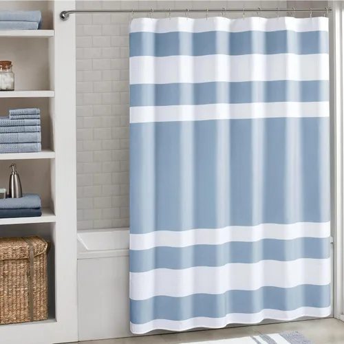 Miniatura 51 de Madison Park Cortina de ducha de tejido waffle con diseño a rayas en piezas, cortina de ducha de tela para baño con gestión de humedad 3M Rayas Taupe