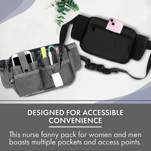 Miniatura 5 de First Lifesaver Riñonera para enfermera con múltiples compartimentos y soporte para cinta, Gris, L, Riñonera manos libres con múltiples