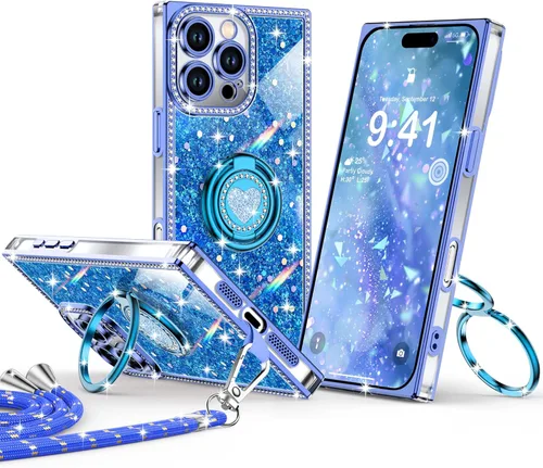 Miniatura 31 de XYZ Funda para iPhone 13, con purpurina brillante con soporte de corazón de 2 anillos y cordón, funda protectora a prueba de golpes con diamantes