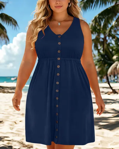 Miniatura 79 de Holipick Vestidos de verano para mujer, talla grande, casual, con bolsillos, acampanado, con botones, sin mangas, cuello en V