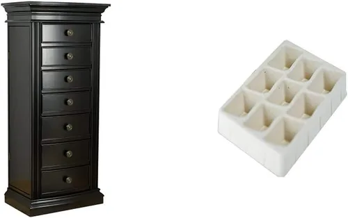 Hives and Honey Landry Jewelry Armoire, 40 x 17.75 x 13 pulgadas, negro antiguo y bandejas para aretes (paquete de 4) para almacenamiento de joyas,