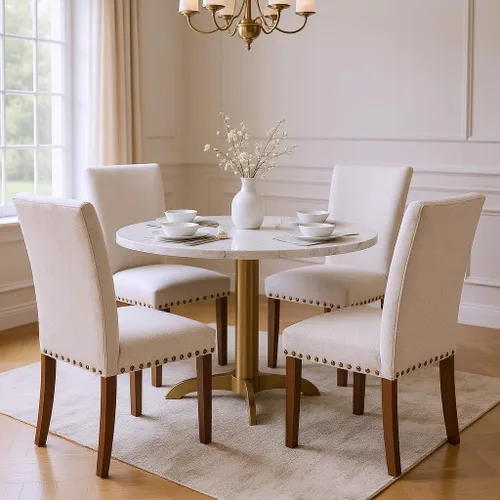 Miniatura 6 de Juego de 2 sillas tapizadas color beige para comedor – Sillas de cocina estilo granja con respaldo alto, patas de caucho sólido, asiento de espuma