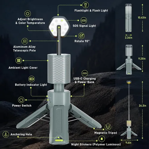 Miniatura 2 de Luces telescópicas para campamento, linterna de campamento portátil con bolsa de almacenamiento, luz de emergencia de aventura al aire libre