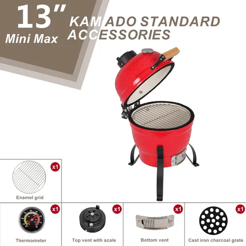 Miniatura 2 de Outvita Parrilla de cerámica, parrilla de carbón Kamado redonda de 13 pulgadas, parrilla portátil con termómetro para variaciones en los métodos