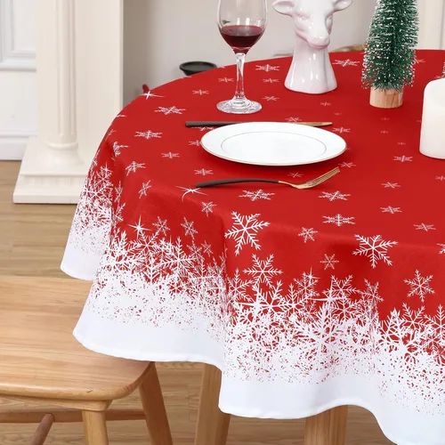 Miniatura 2 de CAROMIO Mantel redondo de Navidad de 60 pulgadas, mantel de Navidad con copos de nieve rojos, mantel decorativo de interior para exteriores