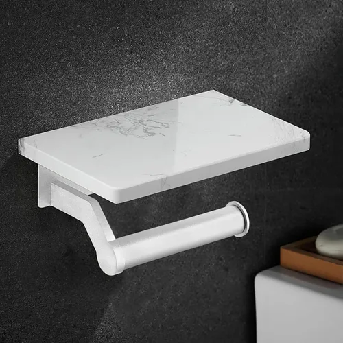 Soporte de papel higiénico de aluminio plateado cepillado Hoimpro con estante de mármol natural blanco, soporte de almacenamiento de rollo de papel