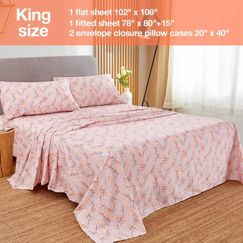 Miniatura 2 de JSD Juego de sábanas florales de paisley rosa tamaño King, 4 piezas de sábanas de microfibra suave estampada con bolsillo extra profundo Paisley