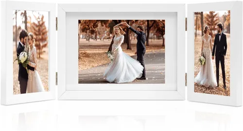 Miniatura 15 de 3 marcos de fotos plegables con bisagras de 4 x 6 y 5 x 7 pulgadas, múltiples marcos de fotos de madera para escritorio con paspartú para mesa