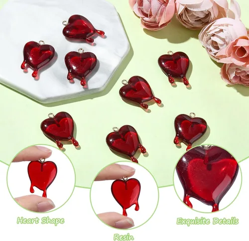 Miniatura 4 de Ipotkitt 10 dijes de corazón fundido transparente rojo con parte trasera plana, dijes de corazón de San Valentín en forma de corazón para el día